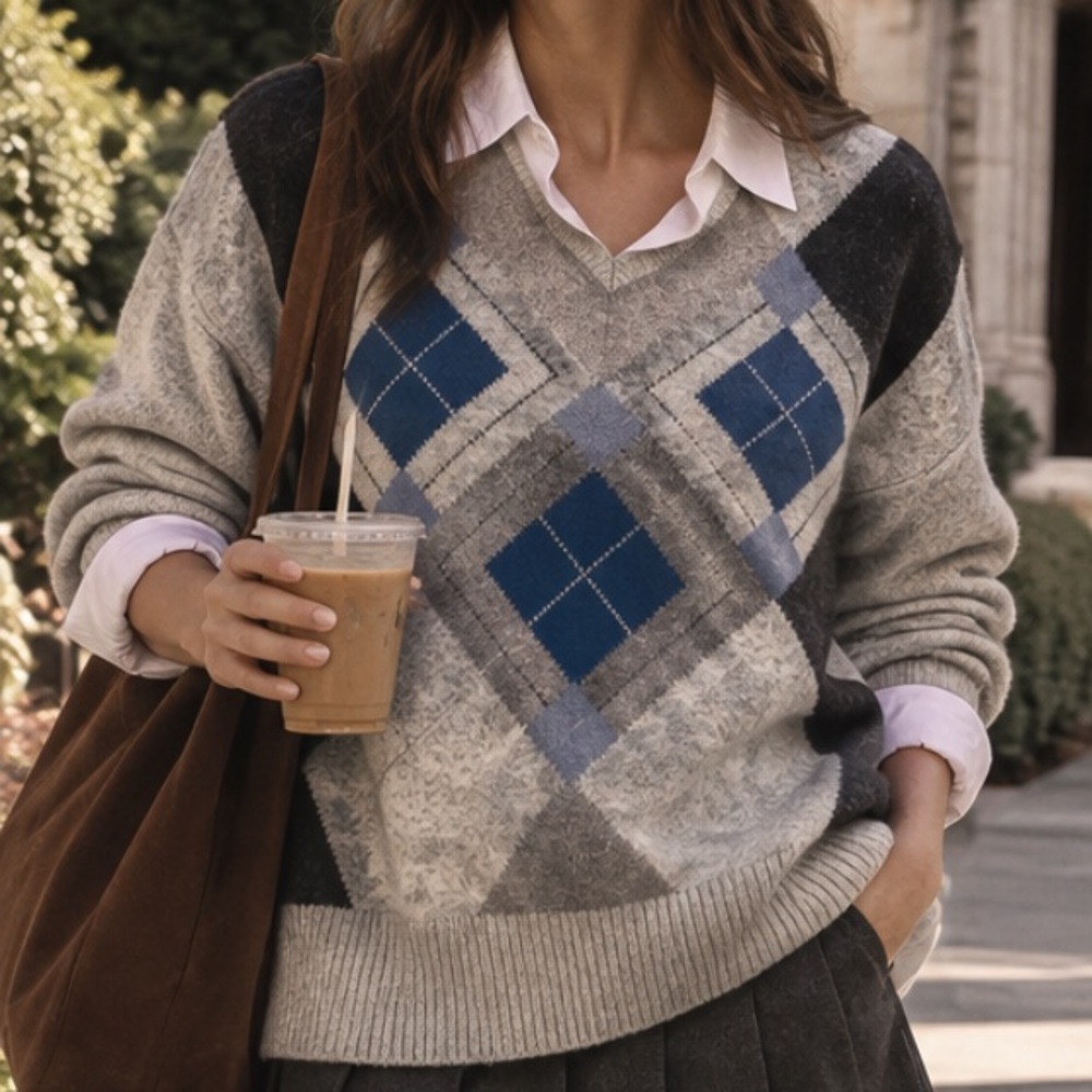 Vintage Doval Lambs Wool V-Neck Argyle Sweater Blue Grey - M